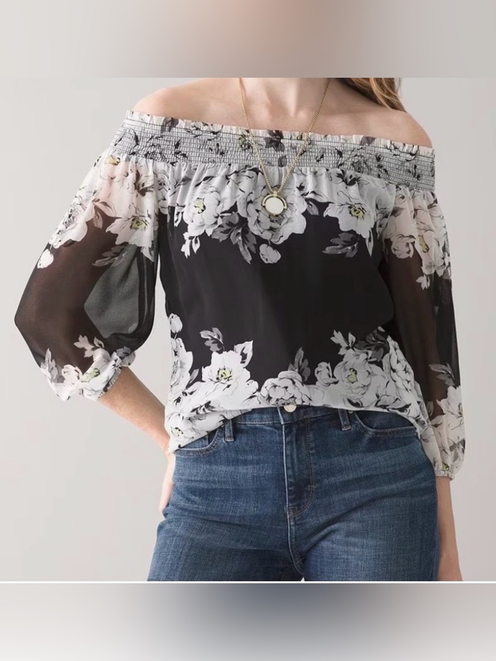White House Black Market Black and White Floral Off-Shoulder Blouse